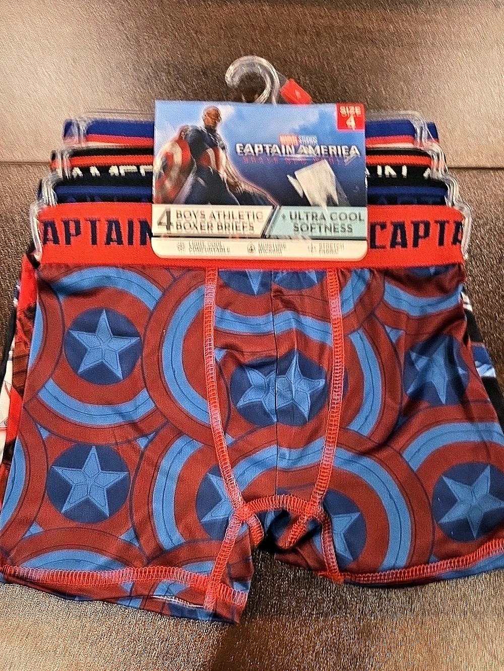 Marvel Captain America Boys Athletic Boxer Briefs 4-Pack Boys Size 4 Blue & Red